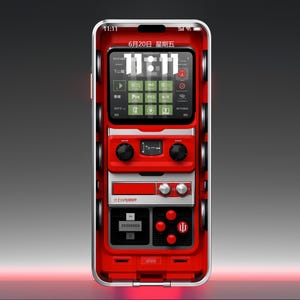 May include: A smartphone with a retro-style interface, featuring a red and silver design. The screen displays a digital clock reading 11:11 and a control panel with various icons. The phone's design resembles a vintage stereo or gaming device.