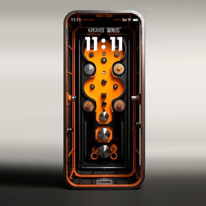May include: A smartphone with a unique internal design featuring orange and black mechanical gears and components. The screen displays the time 11:11 and the date in Chinese characters. The phone has a metallic frame.