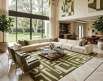 Modern Green Hand Tufted Rug, Abstract Maze Area Rug, Contemporary Wool Carpet, Custom Handmade Living Room Rug
