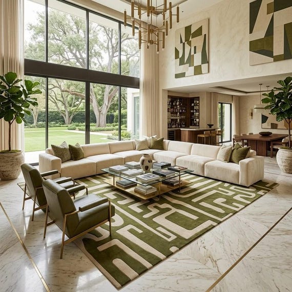 Modern Green Hand Tufted Rug, Abstract Maze Area Rug, Contemporary Wool Carpet, Custom Handmade Living Room Rug