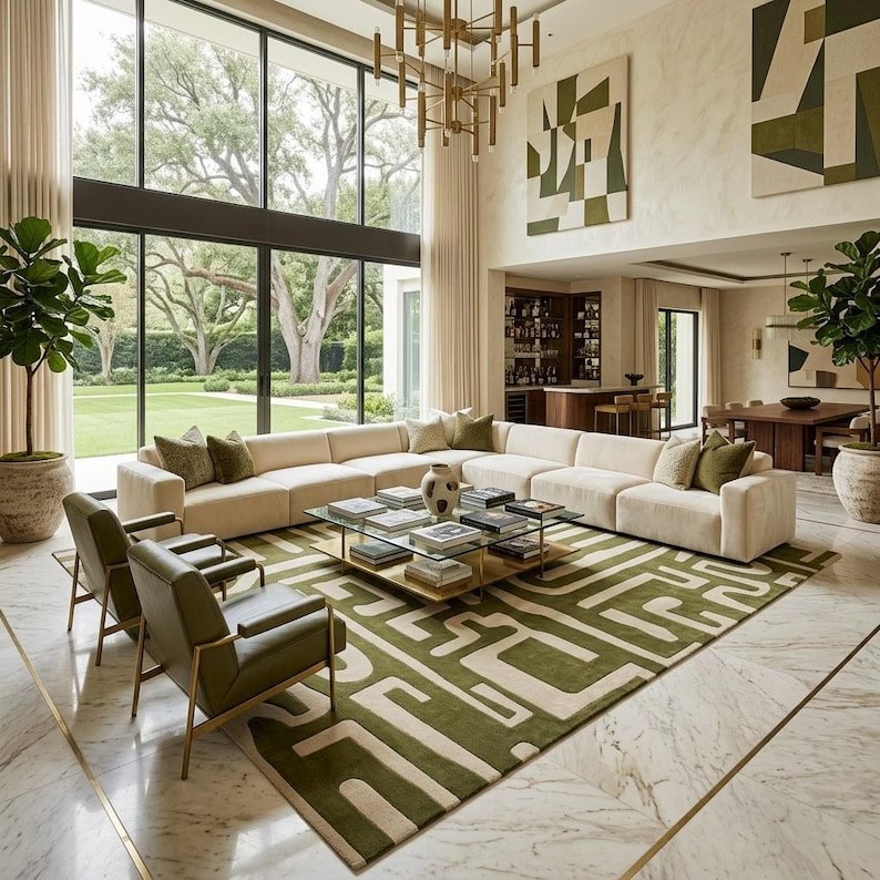 Puede incluir: Una sala de estar espaciosa con un gran sof&aacute; seccional color crema, dos sillones verde oliva y una mesa de centro con tapa de cristal. Una alfombra geom&eacute;trica verde y crema descansa sobre un suelo de m&aacute;rmol, junto a plantas altas en macetas.