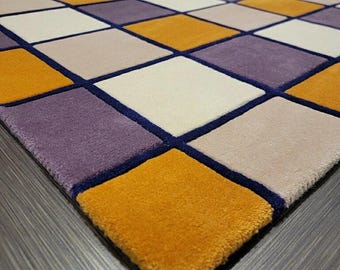 Tappeto in lana neozelandese annodato a mano - Tappeto geometrico moderno a scacchiera / Tappeto senape, beige e viola