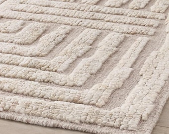 Hand Knotted Wool Rug – Beige Geometric Textured Carpet, Handmade Modern Wool Area Rug for Living Room