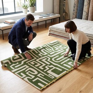 Puede incluir: Una alfombra rectangular con fondo verde intenso y un patr&oacute;n geom&eacute;trico de laberinto en color crema. La alfombra se est&aacute; midiendo con una cinta m&eacute;trica amarilla, mostrando una longitud de aproximadamente 152 cm a lo largo del borde.