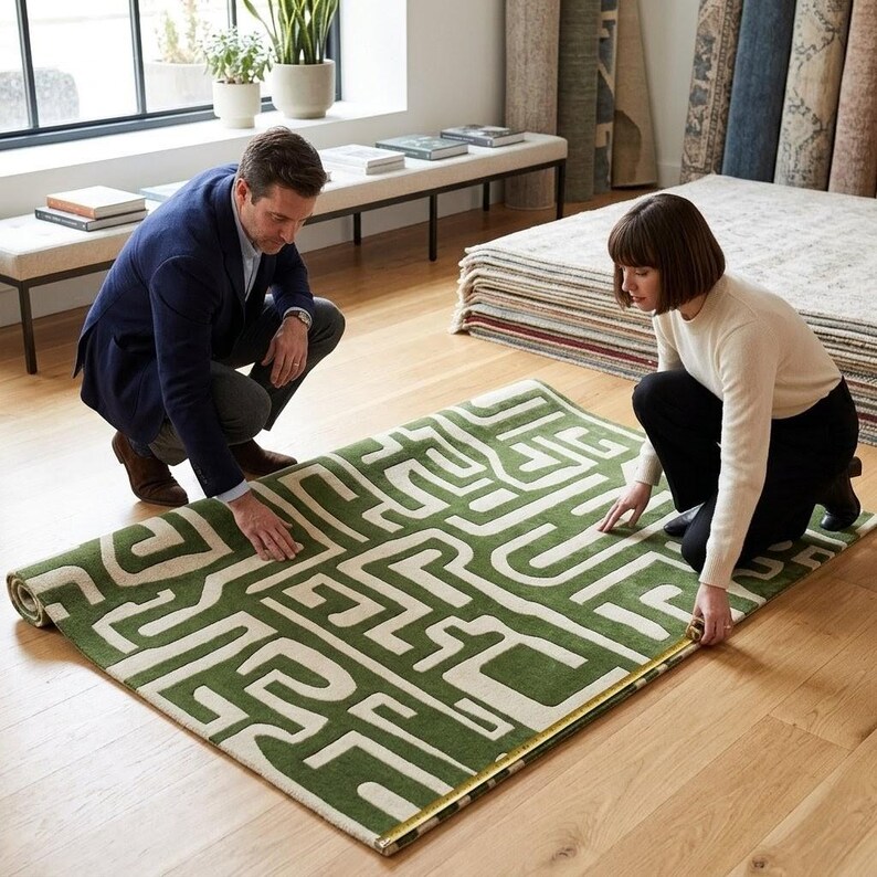 Puede incluir: Una alfombra rectangular con fondo verde intenso y un patr&oacute;n geom&eacute;trico de laberinto en color crema. La alfombra se est&aacute; midiendo con una cinta m&eacute;trica amarilla, mostrando una longitud de aproximadamente 152 cm a lo largo del borde.