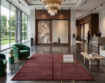 Hand Tufted New Zealand Wool Rug, Modern Striped Area Rug, Loop Cut Wool Carpet, Minimalist Red Wine Rug, Luxury Handmade Rug