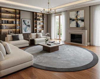 Luxurious Grey Wool & Silk Round Rug - Elegant Circular Area Rug