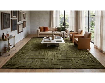 Hand Knotted Wool Rug,Moos Green Geometric Rug, High Low Textured Area Rug, Modern Luxury Carpet, Custom Size Rug
