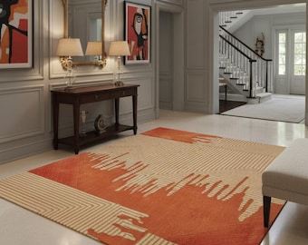 Hand Tufted Wool Rug, Terracotta Modern Geometric Area Carpet, Abstract Warm Tone Living Room Home Decor
