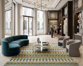 Geometric Hand Knotted Wool Rug, Modern Scandinavian Area Rug, Colorful Nordic Carpet, Contemporary Living Room Rug