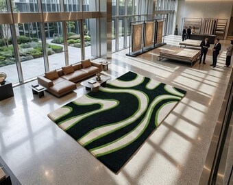 Hand Tufted Abstract Rug, Green Ivory Area Rug, Modern Wave Rug, Contemporary Wool Carpet, Nordic Living Room Rug