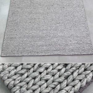 Alfombra de lana gris tejida a mano: moderna alfombra de tejido plano con trenzado grueso