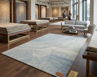 Hand Tufted New Zealand Wool Rug, Blue Ivory Modern Area Rug, All Loop Wool Carpet, Geometric Abstract Rug, Luxury Handmade Rug