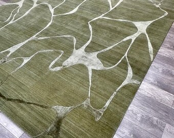 Alfombra de lana y viscosa tejida a mano, alfombra abstracta, alfombra moderna para sala de estar, alfombra verde hecha a mano, alfombra de lujo de diseño para la decoración del hogar.