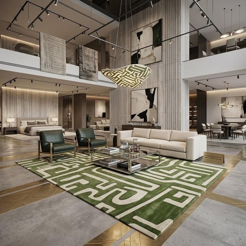 Puede incluir: Una alfombra rectangular grande con un llamativo patr&oacute;n geom&eacute;trico de laberinto en verde y blanco. La alfombra est&aacute; situada en una amplia sala de estar de concepto abierto con un sof&aacute; crema, dos sillones verde oscuro y una mesa de centro de cristal.