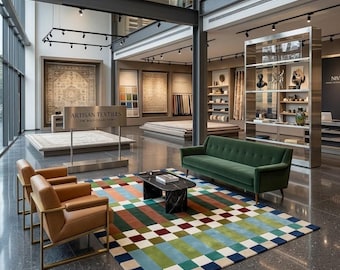 Hand Tufted New Zealand Wool Rug, Modern Geometric Area Rug, Luxury Color Block Carpet, Abstract Checkered Wool Rug
