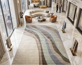 Modern Hand Tufted Silk Area Rug, Abstract Wave Design Rug, Luxury Bedroom Carpet, Neutral Home Decor Rug
