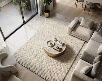 Hand Woven Wool Rug, Chunky Knit Area Rug, Neutral Beige Rug, Scandinavian Floor Carpet, Modern Minimalist Rug