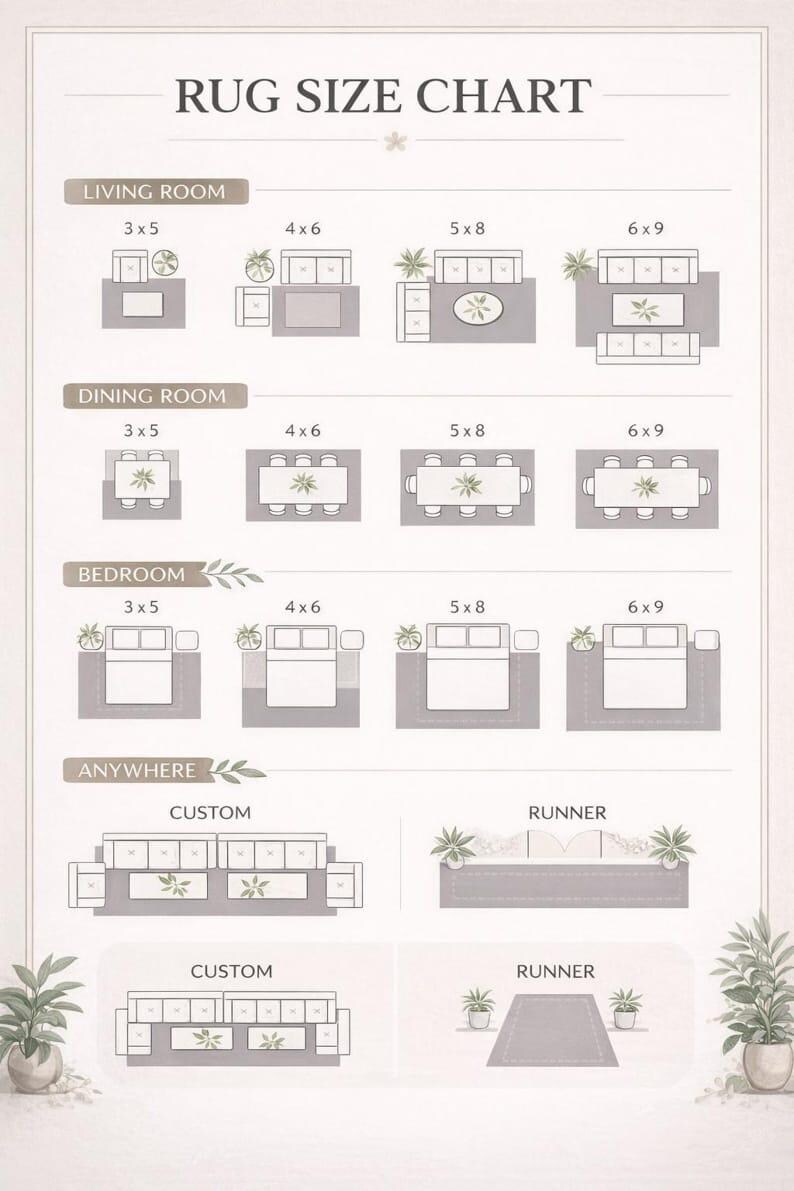 Puede incluir: Una tabla de tama&ntilde;os de alfombras en color beige con texto negro y dibujos lineales de disposiciones de muebles para salas de estar, comedores y dormitorios. La tabla muestra varias dimensiones en pies, incluyendo 3x5, 4x6, 5x8 y 6x9, adem&aacute;s de opciones personalizadas.