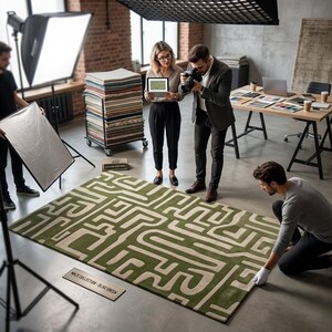 Puede incluir: Una alfombra rectangular con un llamativo patr&oacute;n geom&eacute;trico en forma de laberinto en color verde oliva y crema. Un peque&ntilde;o letrero rectangular colocado en el suelo cerca de la alfombra muestra el texto "MAZE COLLECTION - OLIVE GREEN".