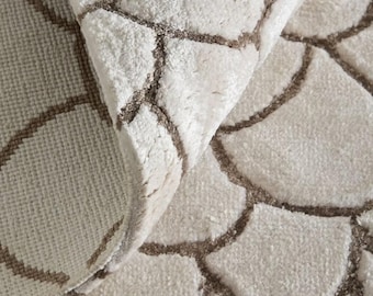 Hand Knotted Tibetan Wool Silk Rug, Luxury Neutral Area Rug, Modern Organic Rug, Ivory Brown Carpet, Custom Handmade Rug