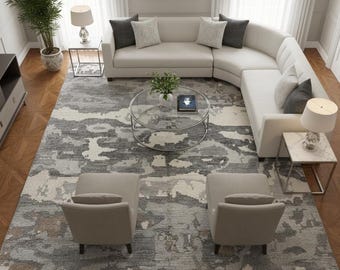Hand Knotted Wool Rug, Modern Abstract Area Rug, Gray Ivory Taupe Wool Carpet, Handmade Luxury Rug