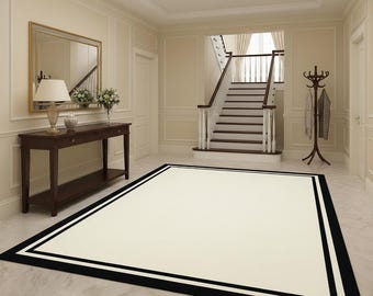 Alfombra color crema tejida a mano, alfombra moderna con borde, alfombra minimalista neutra, alfombra de lujo para sala de estar y comedor, alfombra de tamaño personalizado.