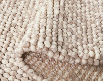 Handwoven Wool Pebble Rug: Natural Beige, Textured Scandinavian Carpet chunky wool rug living room rug home decor