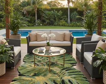 Alfombra de lujo tejida a mano con diseño de hojas de monstera – Alfombra de lana inspirada en la naturaleza botánica para sala de estar