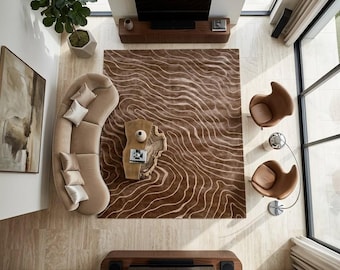 Hand Tufted Viscose Rug, Abstract Brown Area Rug, Luxury Silk Feel Carpet, Modern Wave Design Rug, Contemporary Living Room Rug