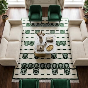 Hand Knotted New Zealand Wool Rug Set, Geometric Tribal Pattern Rug Green Ivory & Rust Black Area Rug Modern Handmade Carpet Living Room Rug