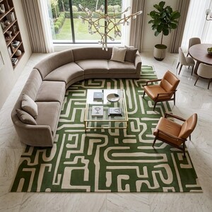 Puede incluir: Un sof&aacute; seccional beige grande y curvo con cojines a juego, dos sillones de cuero color canela con marcos de madera y una mesa de centro rectangular con tapa de cristal y marco de metal dorado, dispuestos sobre una alfombra verde con patr&oacute;n de laberinto.