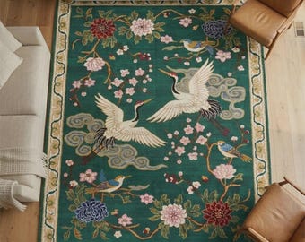 Handgetuft Nieuw-Zeelands wollen tapijt, vloerkleed met groene bloemen kraanvogel, Oosterse vogel design karpet, luxe handgemaakt wollen tapijt woonkamer slaapkamer vloerkleed