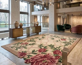 Hand Tufted Floral Wool Rug, Pink Peony Rug, Modern Botanical Carpet, Handmade Area Rug for Bedroom