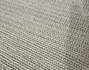 Chunky Wool Rug Grey | Handwoven Flatweave Wool Carpet | Textured Neutral Area Rug | Custom Size Wool Floor Rug