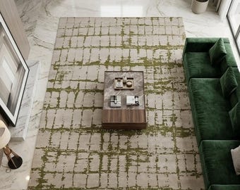 Hand-Knotted Wool Silk Rug: Modern Abstract Grid, Beige & Olive, luxury living room rug, contemporary home decor