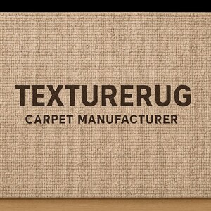 Puede incluir: Una alfombra rectangular de color beige con una superficie texturizada en forma de cuadr&iacute;cula. El centro de la alfombra presenta el texto marr&oacute;n oscuro "TEXTURERUG" en una fuente sans-serif negrita, con "CARPET MANUFACTURER" impreso debajo.