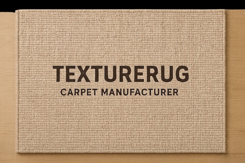 Puede incluir: Una alfombra rectangular de color beige con una superficie texturizada en forma de cuadr&iacute;cula. El centro de la alfombra presenta el texto marr&oacute;n oscuro "TEXTURERUG" en una fuente sans-serif negrita, con "CARPET MANUFACTURER" impreso debajo.