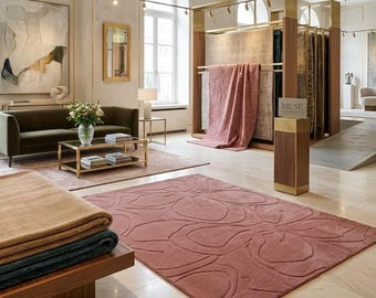 Alfombra rosa tejida a mano, alfombra abstracta moderna, alfombra color rubor, alfombra con diseño tallado, alfombra minimalista para sala de estar, alfombra suave para cuarto infantil.