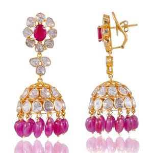 Polki & Ruby Jhumka Earrings, 925 Silver 14K Gold Plated Handmade Jewelry, Victorian Style Traditional Earrings