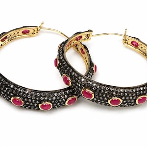 Natural Ruby & Pave Diamond Hoop Earrings, 925 Sterling Silver Gold Plated Statement Jewelry