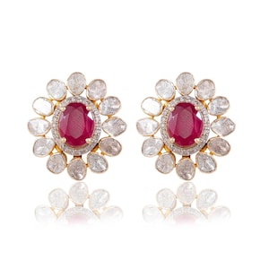 Oval Ruby Polki Diamond Studs, Rose Cut Uncut Diamond Earrings, 925 Sterling Silver Victorian Jewelry, Elegant Gift for Her