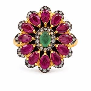 Natural Ruby, Emerald & Pave Diamond Statement Ring, 925 Sterling Silver Gold Plated Jewelry