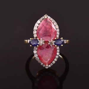 Vintage Gemstone Ring, Natural Ruby, Sapphire & Pave Diamond Ring, 925 Sterling Silver, Ruby Ring, Wedding Gift, Gift For Wife