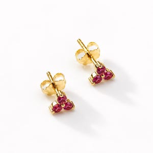Peut inclure: Une paire de boucles d'oreilles à clous en or, chacune ornée de trois petites pierres précieuses rondes d'un rose vif disposées en grappe triangulaire. Les boucles d'oreilles comprennent des fermoirs à tige en or et présentent une finition polie.