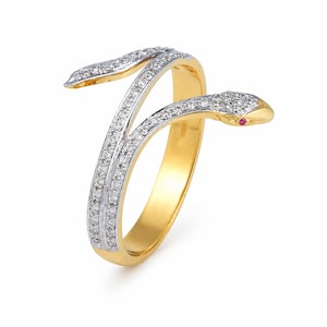 Natural Ruby & Pave Diamond Statement Snake Ring, 925 Sterling Silver Gold Plated Jewelry