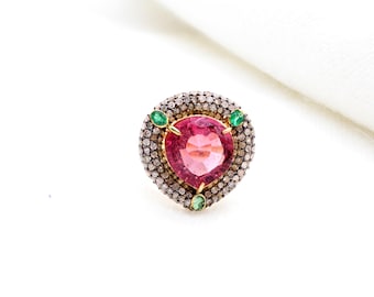 Handmade Ruby Ring, Emerald & Pave Diamond, Sterling Silver