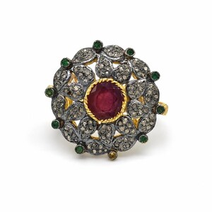 Natural Ruby, Emerald & Pave Diamond Statement Ring, 925 Sterling Silver Gold Plated Jewelry