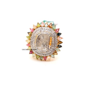 Multicolor Tourmaline Ring/ Victorian Handmade Jewelry/ 925 Sterling Silver Rose Cut Polki Ring/ Pave Diamond/  Wedding Ring Jewelry