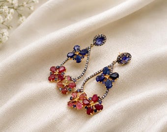 Blue Sapphire Ruby Floral Drop Earrings, 925 Sterling Silver Dangle Earrings, Vintage Statement Jewelry, Handmade Gift for Her